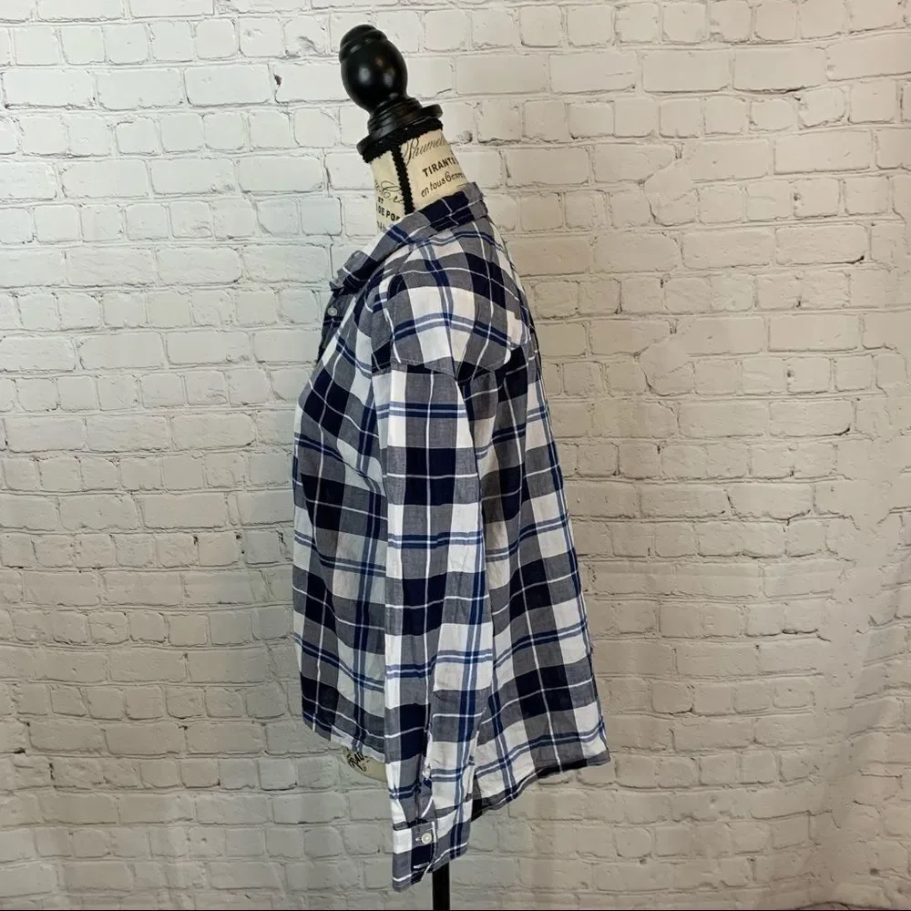 J Crew Step Hem Button Down Shirt PS Cotton Stretch Blue Plaid Long Sleeve